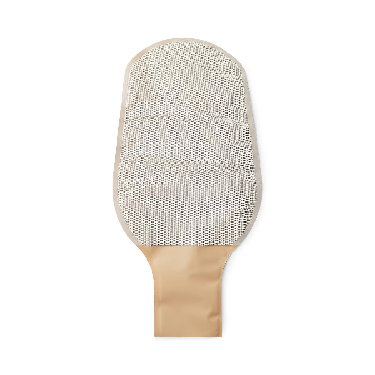Ostomy drainable pouch with beige lower panel, fabric-covered upper body, and open-ended drain spout on white background