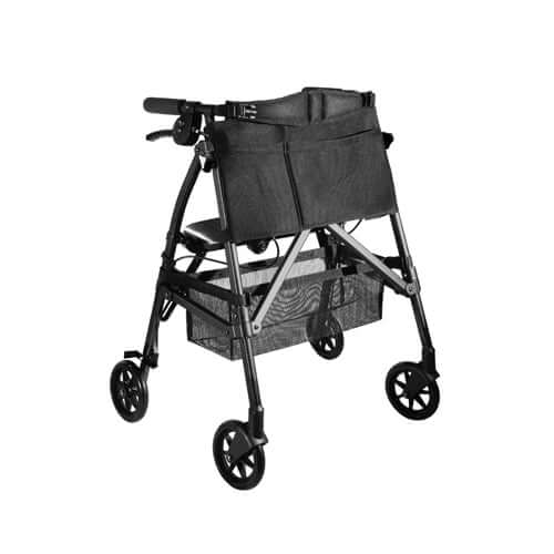 Rollator walker with black frame, padded seat, large storage bag, hand brakes, and mesh underseat basket on four wheels