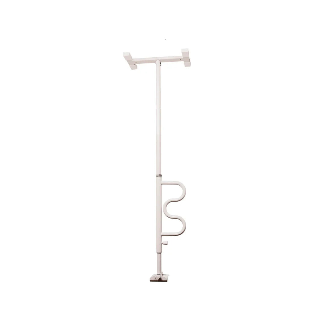 Bathtub security pole with curved grab bar attachment, white finish, floor-to-ceiling tension mount design