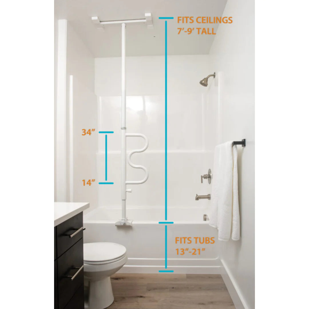 Bathtub security pole and curve grab bar installed beside a tub, with dimension callouts showing ceiling and tub fit ranges