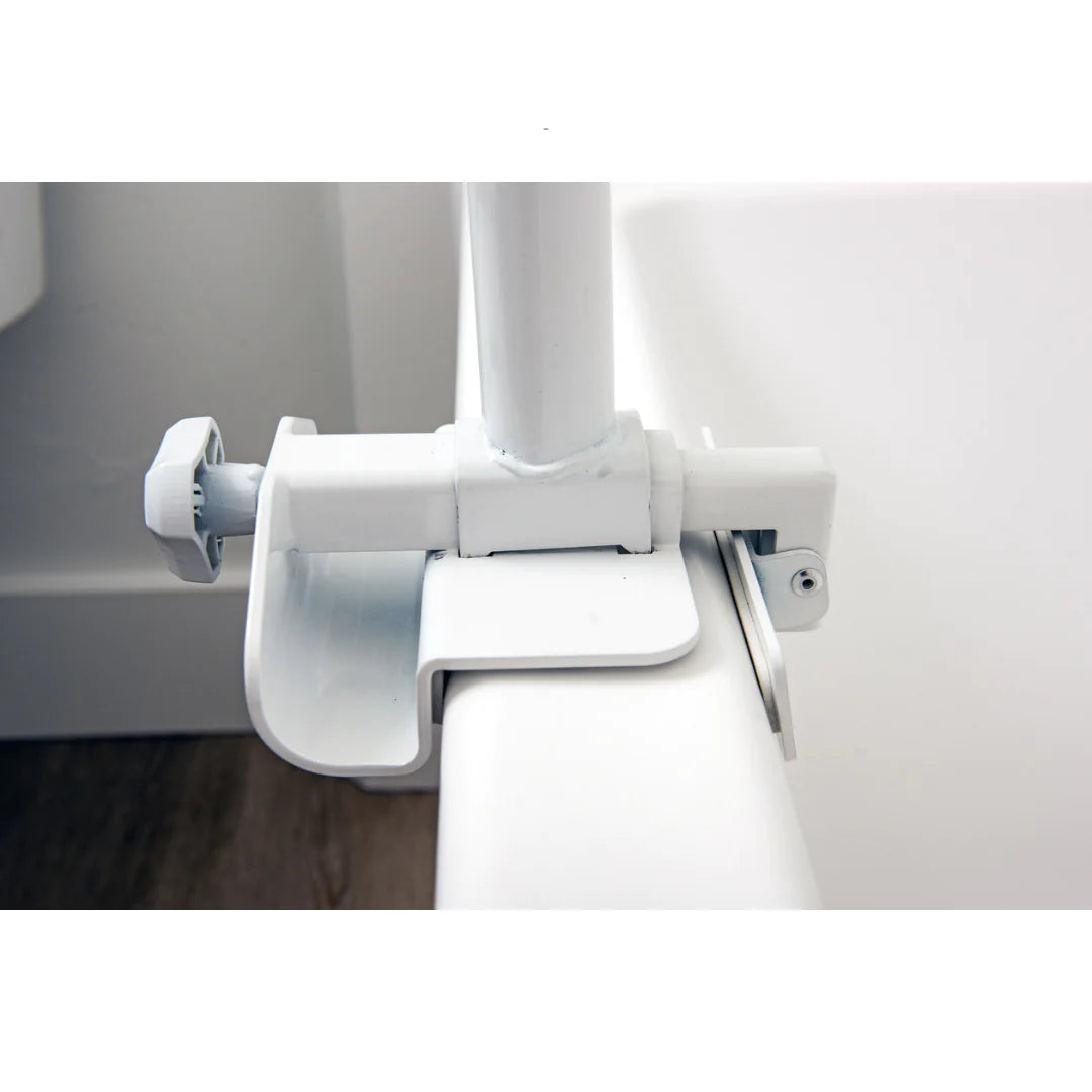 Bathtub security pole base clamp with adjustable knob securing white vertical pole to tub edge