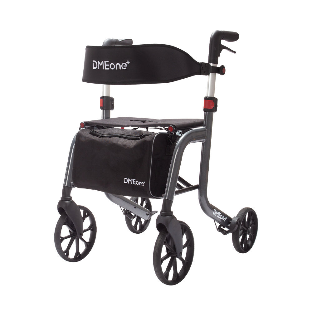 DMEone Samba Super Light Rollator with gray frame, padded backrest, padded seat, black storage bag, and large black wheels