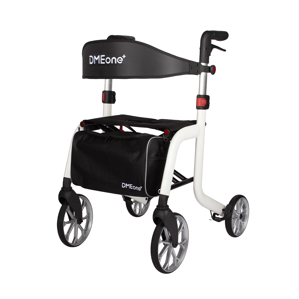 Rollator walker with white frame, black padded backrest, hand brakes, attached storage bag, and four large wheels