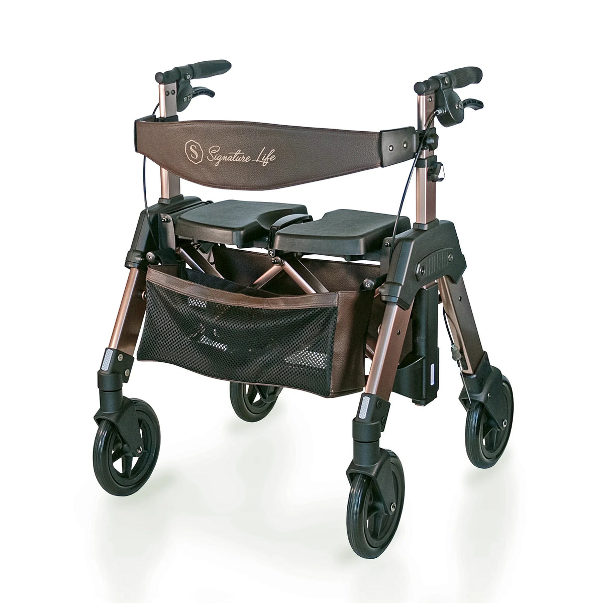Rollator walker with champagne gold frame, brown padded backrest and seat, hand brakes, four wheels, and mesh storage bag