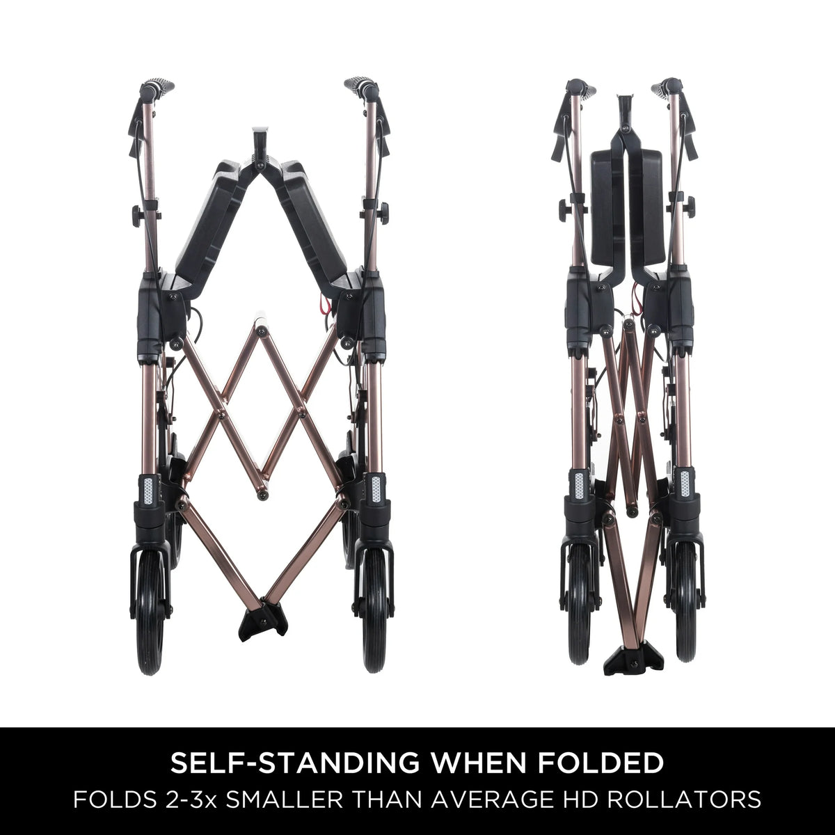 Rollator walker shown in two folded positions — partially and fully collapsed — with bronze frame and black accents