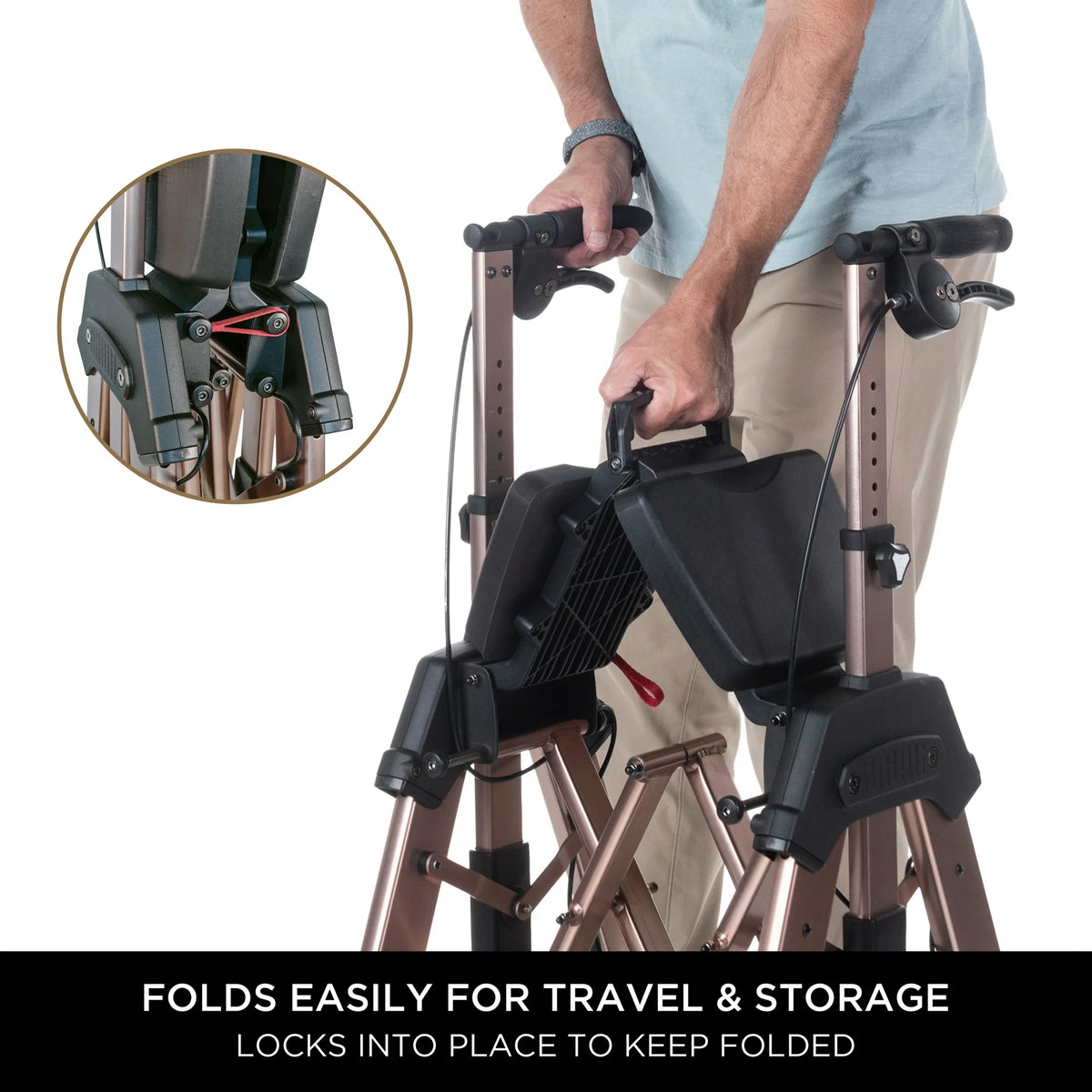 Rollator walker in champagne gold being folded by a man, with closeup inset showing the locking mechanism
