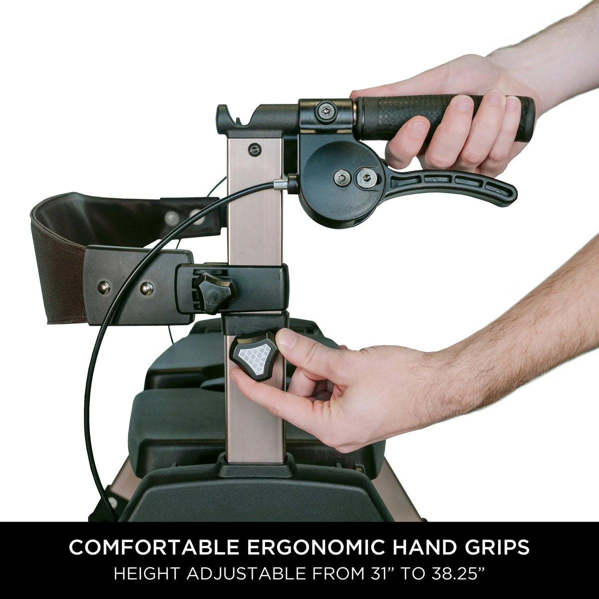 Rollator handle detail showing hands gripping ergonomic handle and adjusting height-adjustment button on champagne gold