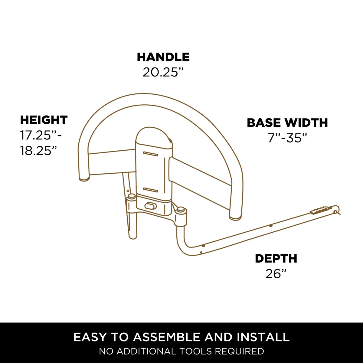 Bed safety rail dimension diagram showing handle, height, base width, and depth measurements with assembly note