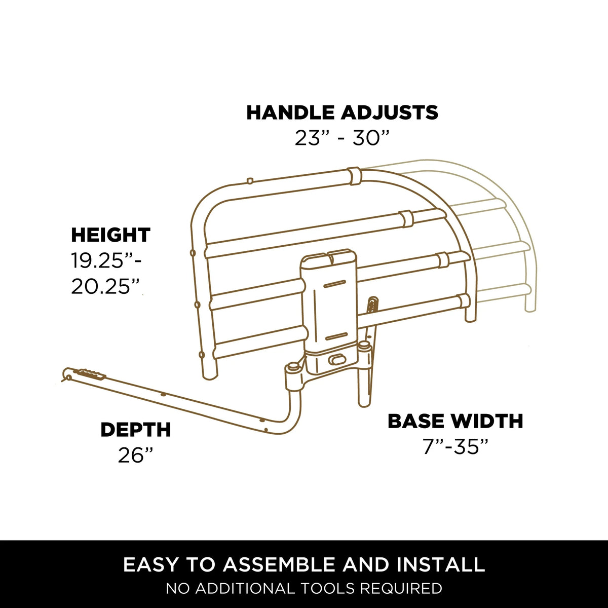 Bed rail dimension diagram showing adjustable handle height, base width, and depth measurements with assembly note