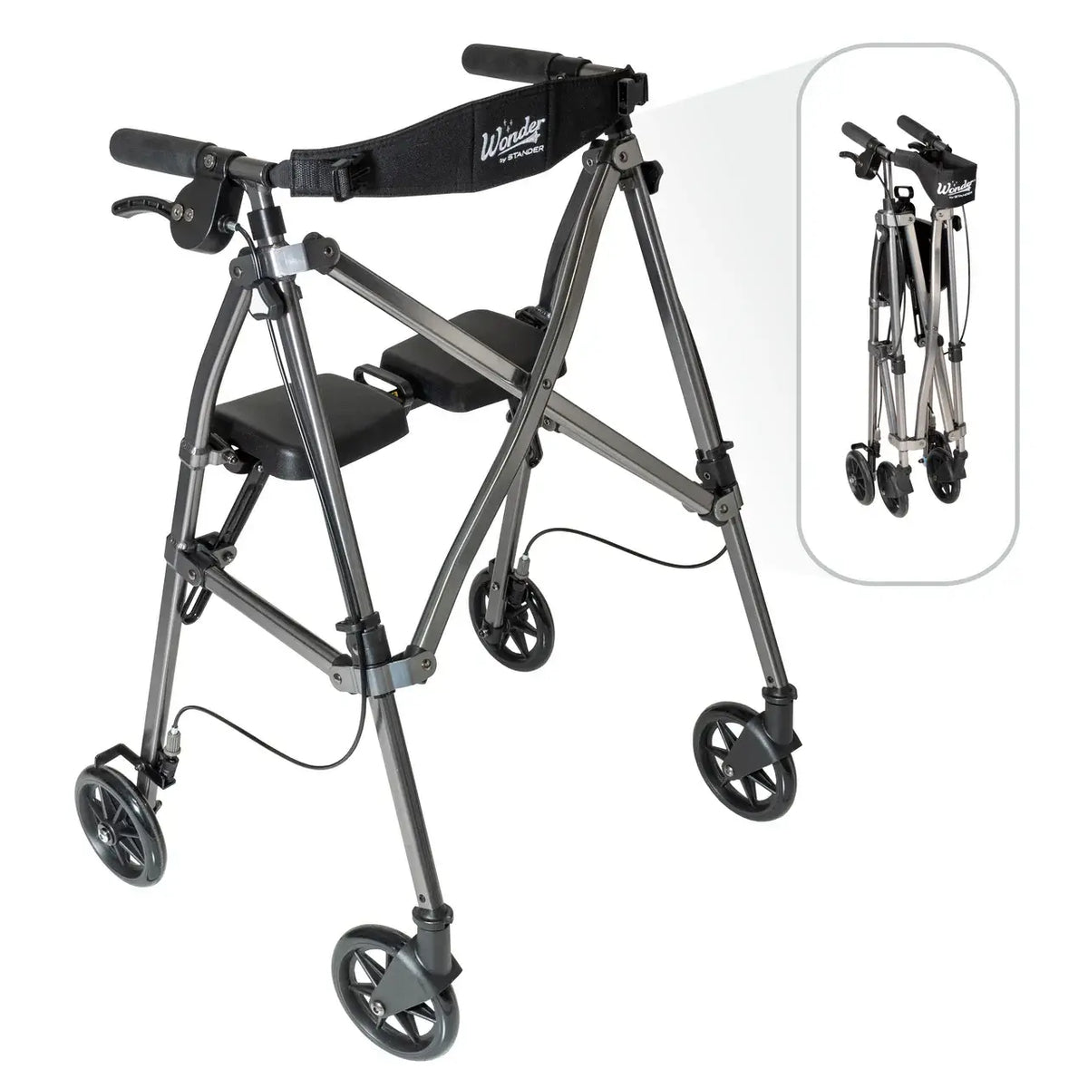Space saver rollator with padded seat and handles shown open and folded, featuring four wheels and hand brakes, in gunmetal