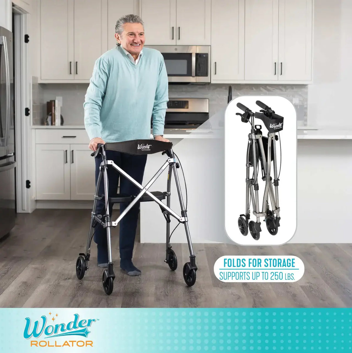 Space Saver Rollator shown open with older man in kitchen, and folded compact for storage, in silver with black seat