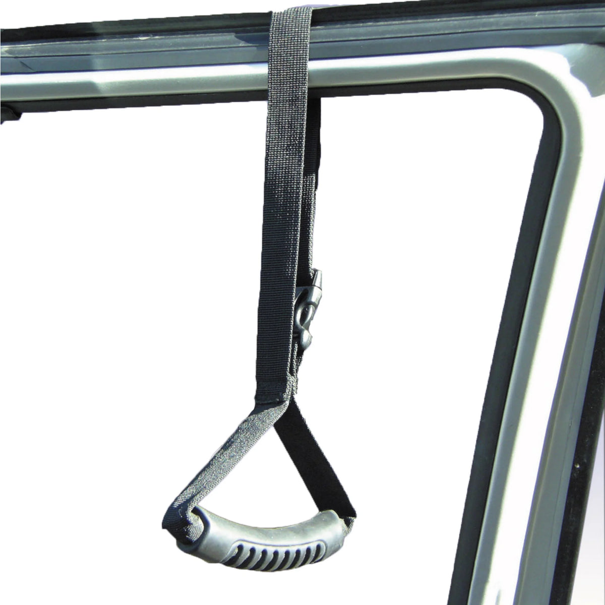 Car caddie portable handle hanging from vehicle door frame via adjustable gray strap with ergonomic grip