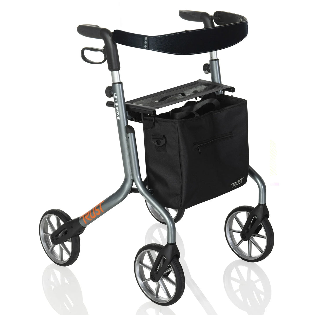 Rollator walker with silver frame, padded backrest, padded seat, black storage bag, and large spoke wheels