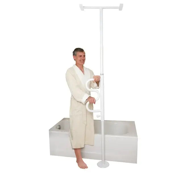 Security pole and curve grab bar with floor-to-ceiling white pole and bathtub grab bar, shown with man in robe stepping out