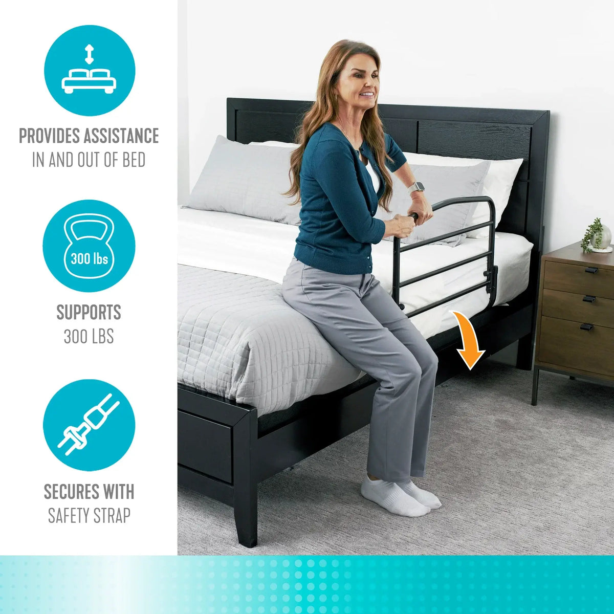 Bed rail with woman gripping white metal safety rail while sitting on edge of a dark-framed bed with feature callouts