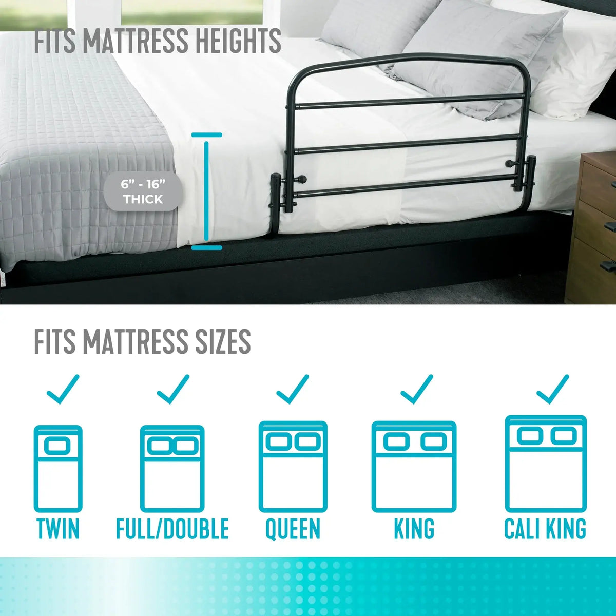 Bed rail infographic showing black metal safety rail on a white-sheeted bed, with compatibility icons for twin through