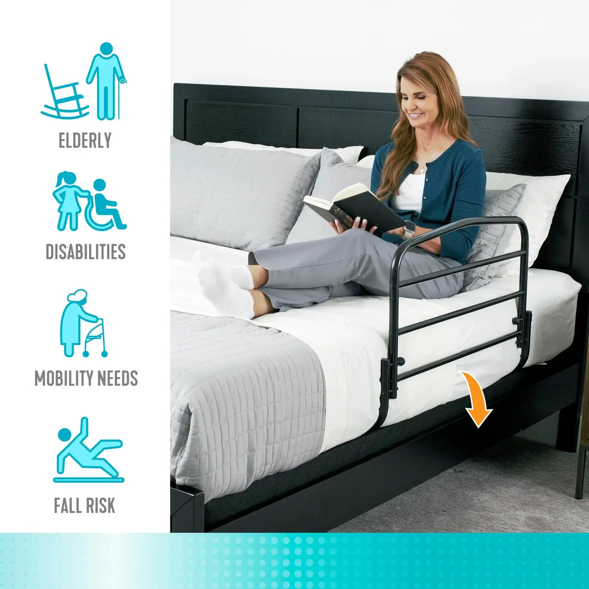 Bed rail in black metal attached to side of bed with woman sitting reading, shown with elderly, disability, mobility, and