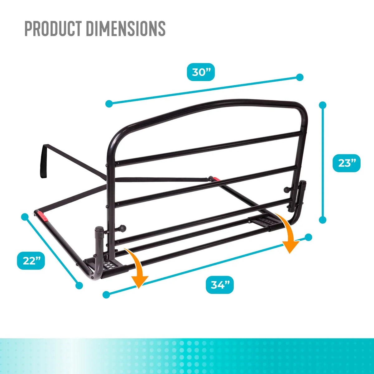 Bed rail dimensions diagram showing black steel safety rail measuring 30" wide, 23" tall, 34" deep, and 22" base width