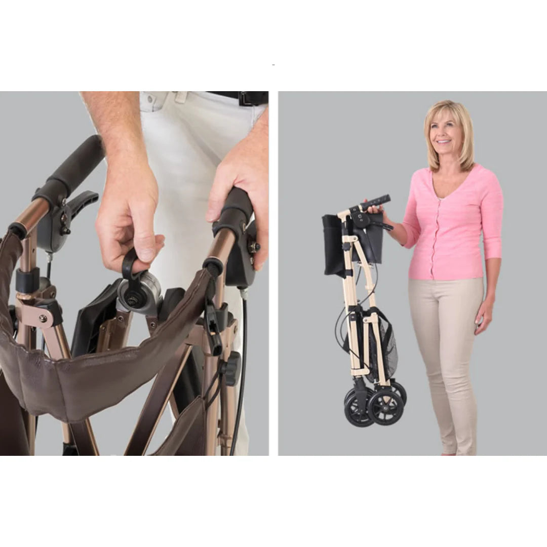 Rollator shown folding via close-up of latch mechanism and woman holding the fully folded compact unit at her side