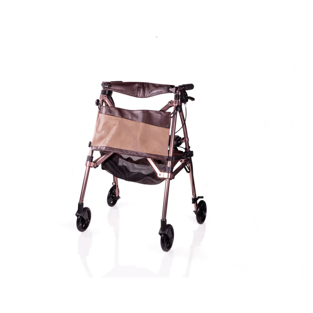 Rollator walker with bronze frame, padded seat, loop-lock hand brakes, mesh basket, and storage bag on white background