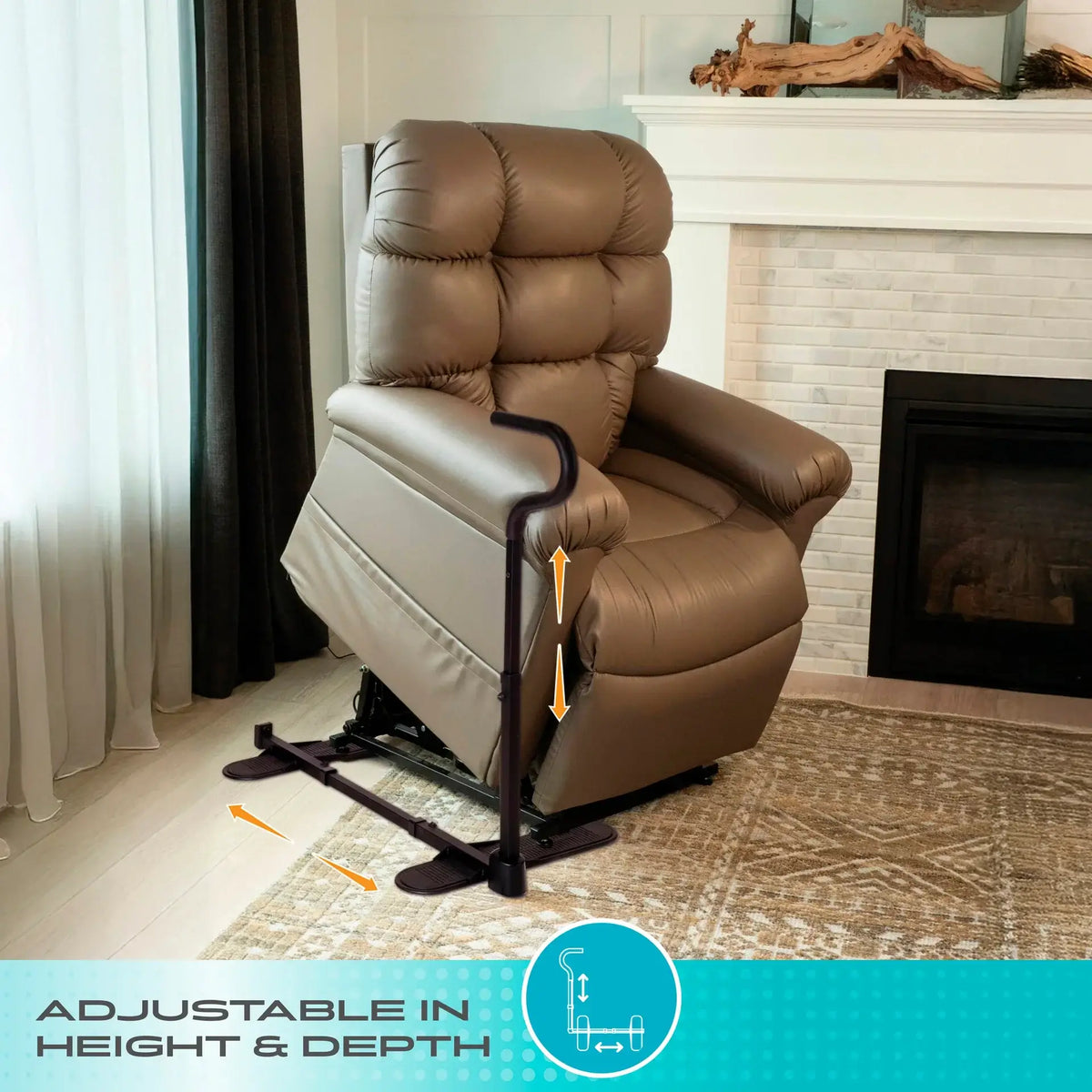 Stander chair cane compact standing assist handle shown attached to a tan tufted lift chair, with arrows highlighting