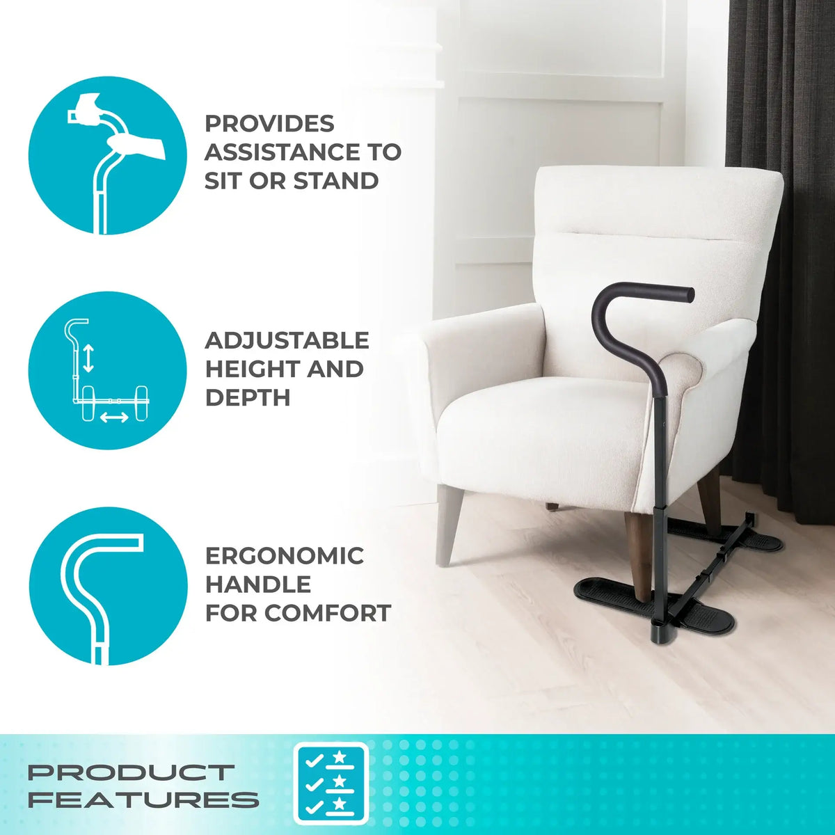 Standing assist handle with ergonomic curved grip positioned beside a white armchair, shown with feature callout icons