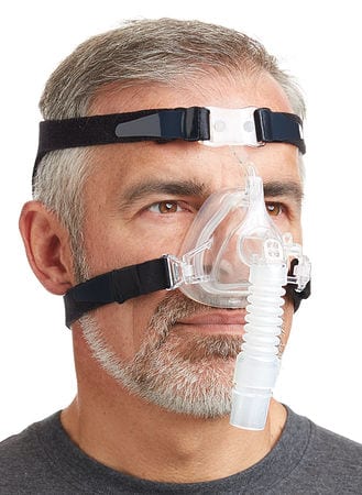 Nasal CPAP mask with clear cushion and black headgear worn by a bearded man against a white background