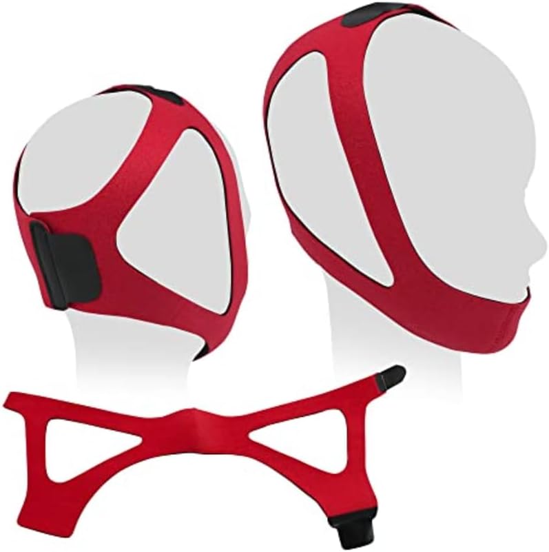 CPAP chin strap in red fabric shown on two mannequin heads from front and side angles, with strap laid flat below