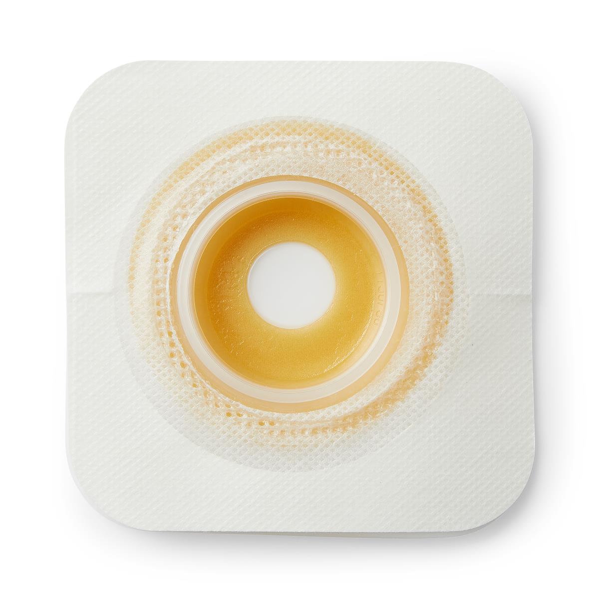 Ostomy skin barrier with convex moldable hydrocolloid wafer, amber-toned adhesive, and white square backing, front view