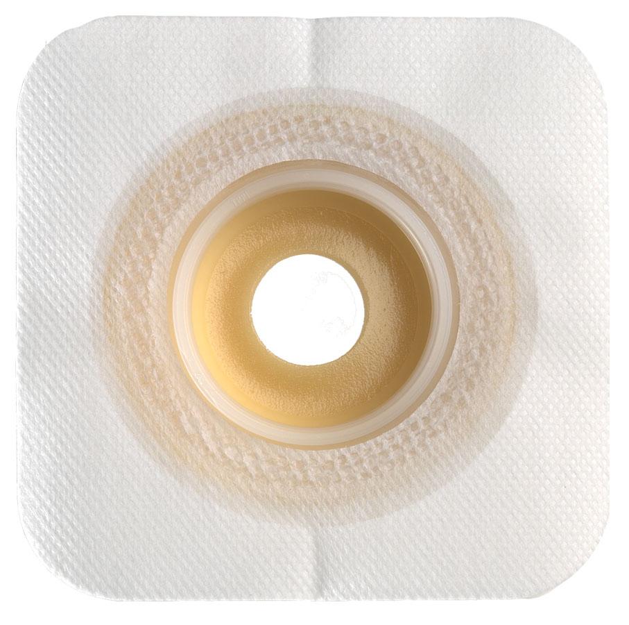 Ostomy skin barrier with convex moldable hydrocolloid wafer, central opening, and white adhesive backing, viewed from front