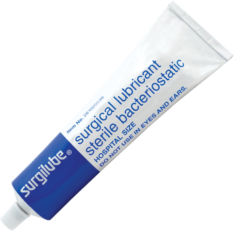 Surgilube surgical lubricant tube in white and blue, hospital size, sterile bacteriostatic formula with twist cap