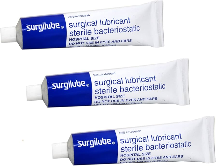 Surgical lubricant three white and blue Surgilube tubes labeled sterile bacteriostatic hospital size 4.25oz each