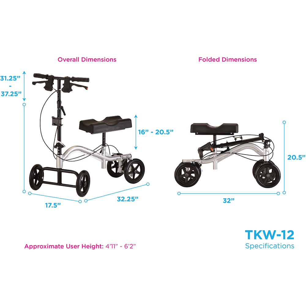 Knee walker shown in upright and folded positions with labeled overall and folded dimensions on white background