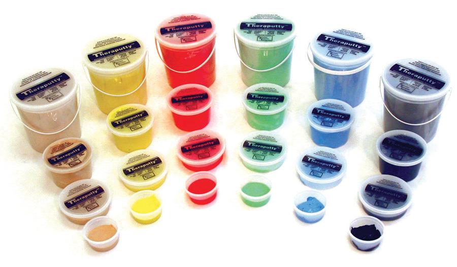 Theraputty exercise putty displayed in multiple container sizes and resistance colors from tan to black