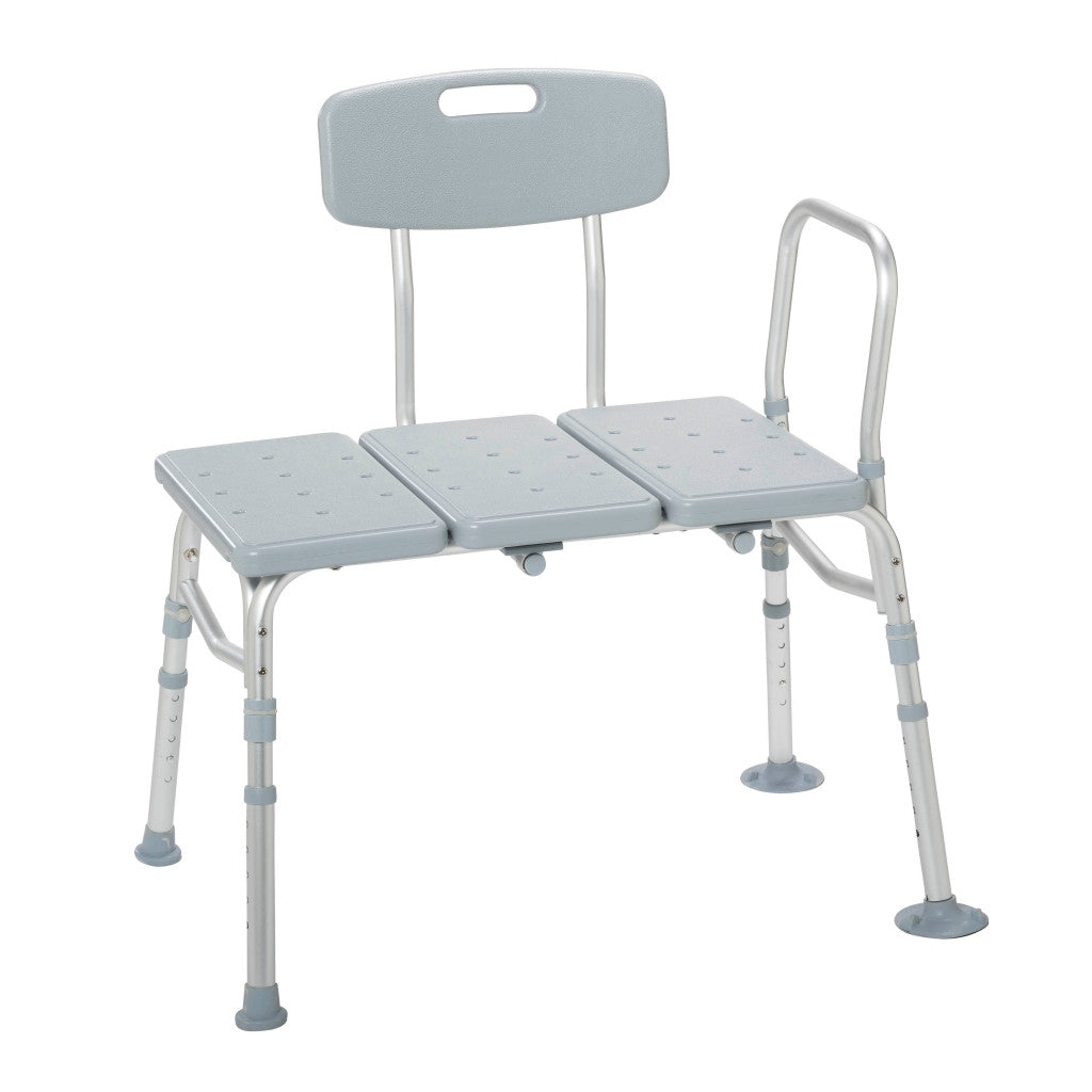Transfer bench with three-piece gray plastic seat, padded back with carry handle, one armrest, and adjustable aluminum legs