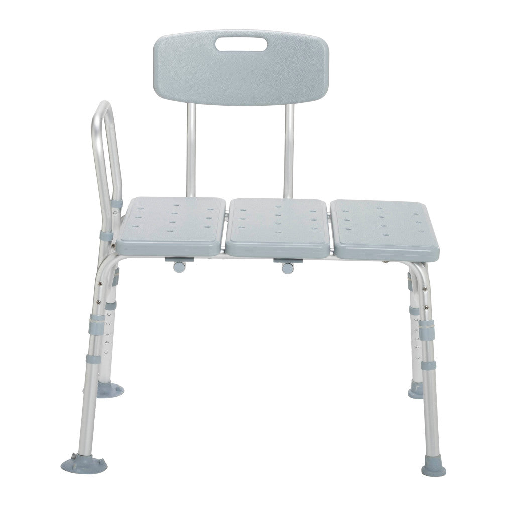 Transfer bench with three-section gray seat, backrest with carry handle, single armrest, and adjustable aluminum legs with