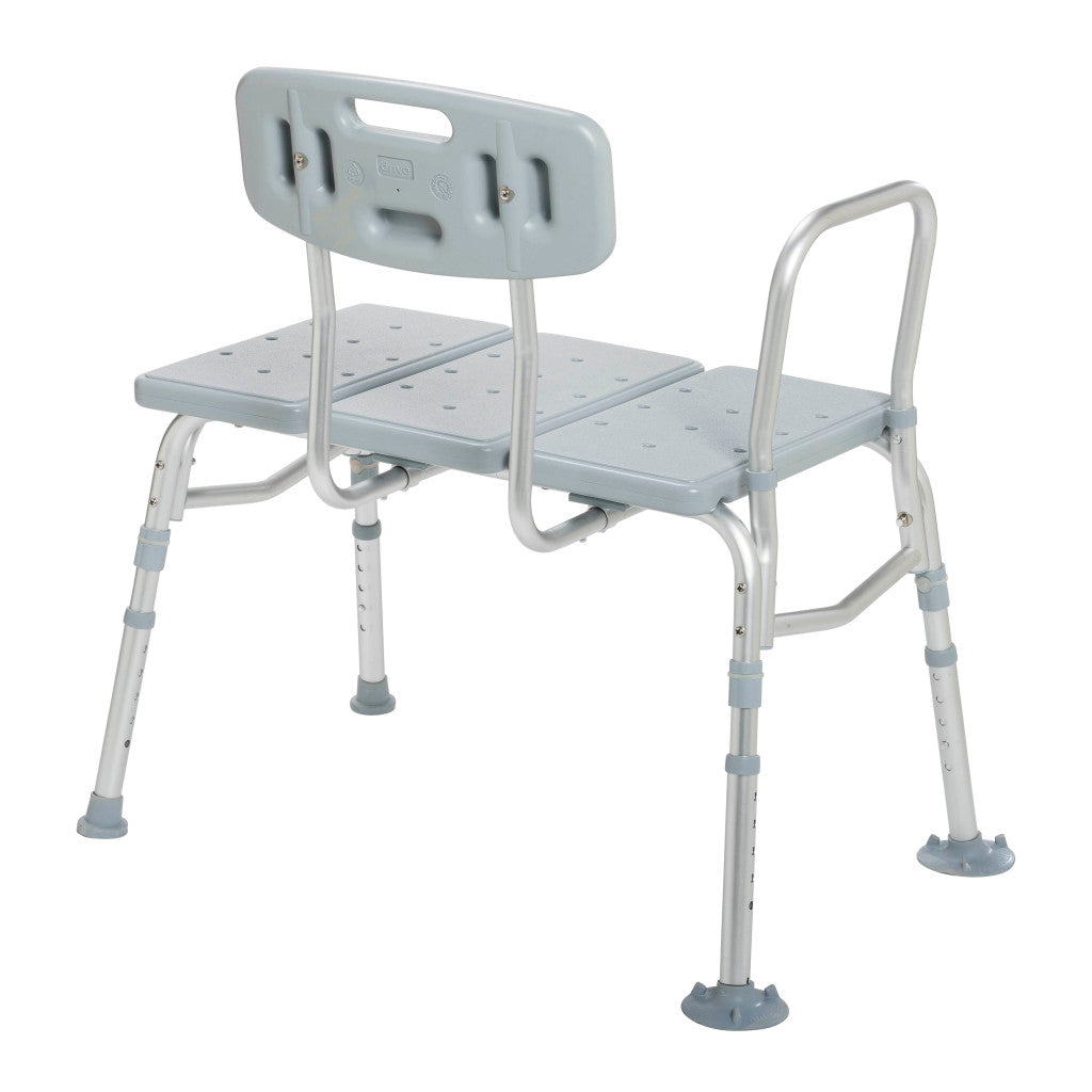 Transfer bench with gray plastic three-piece seat, backrest with handle cutout, single armrest, aluminum frame, and