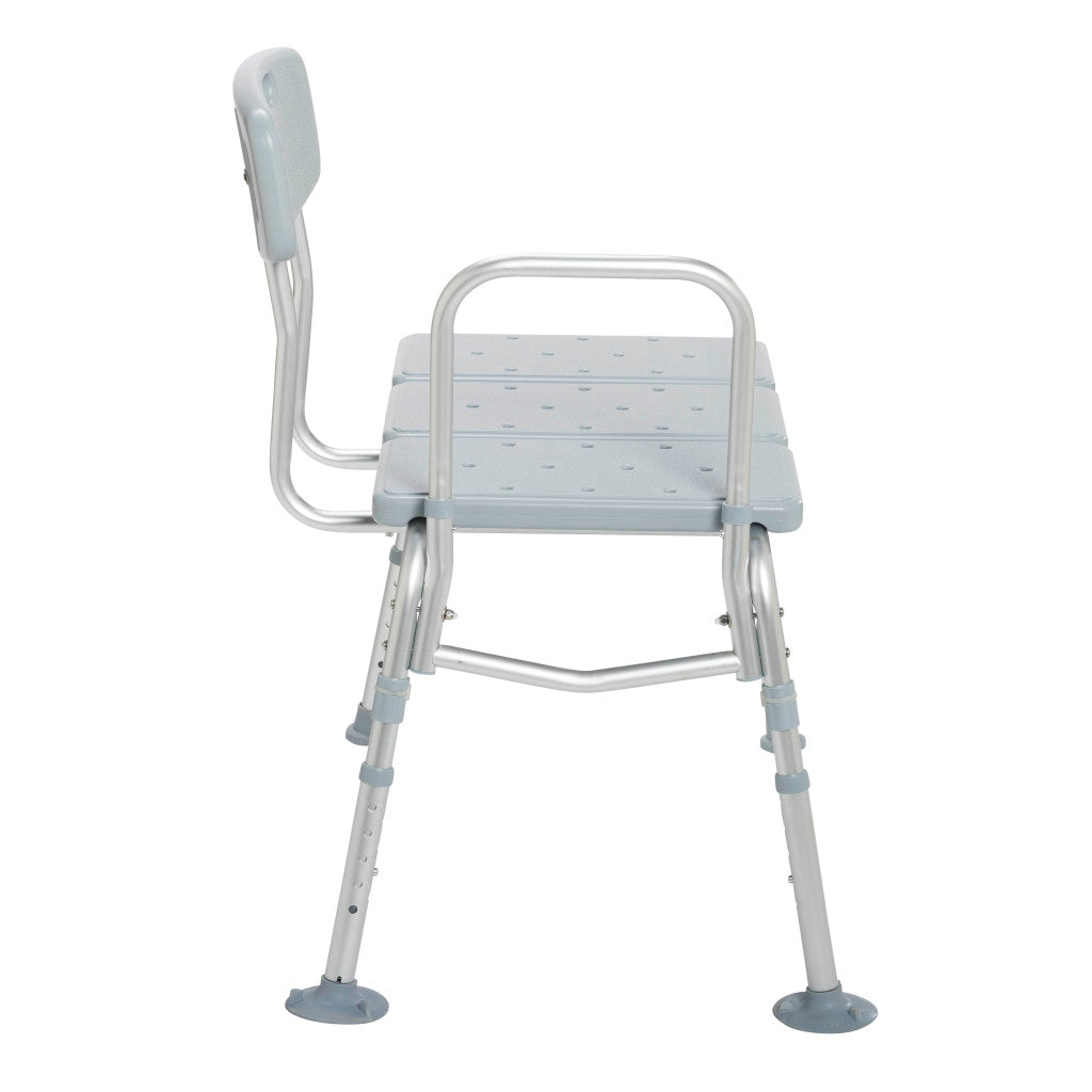 Transfer bench with gray plastic seat, backrest, and armrest on adjustable aluminum frame with non-slip feet, side view