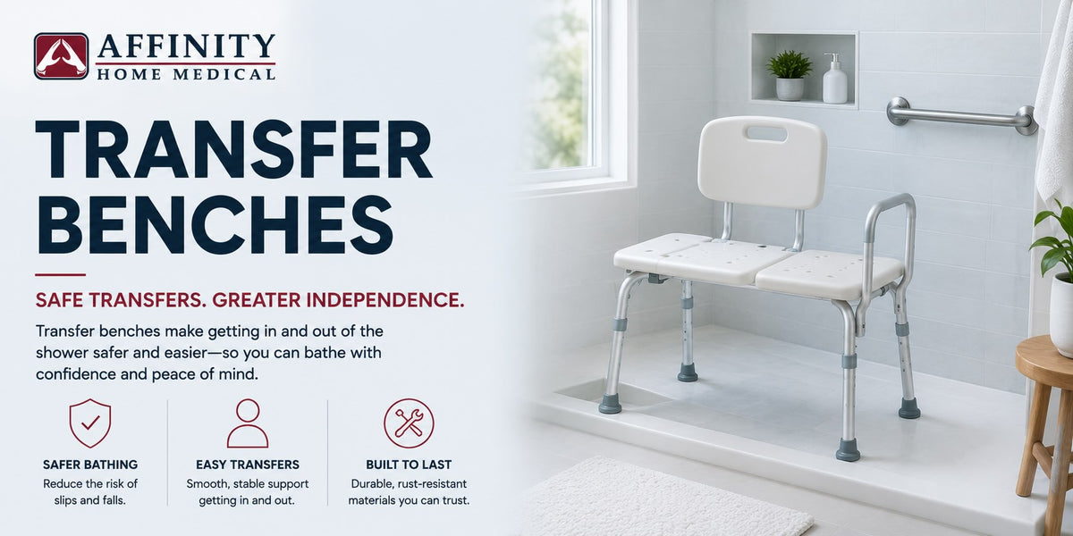 White and silver shower transfer bench with armrests and leg supports, shown installed in a bright bathroom setting with promotional text and the Affinity Home Medical logo.
