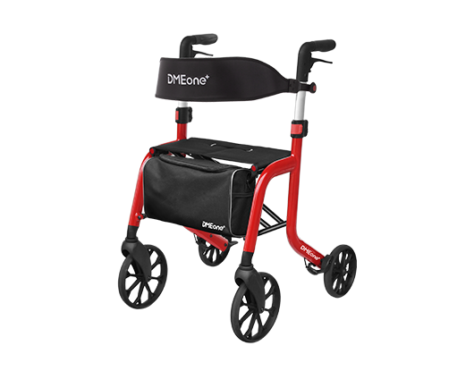 Rollator walker with red aluminum frame, black padded seat and backrest, storage bag, and four large wheels