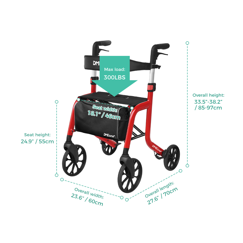 Rollator walker with red frame, black seat, storage bag, and large wheels, shown with dimension and weight capacity callouts