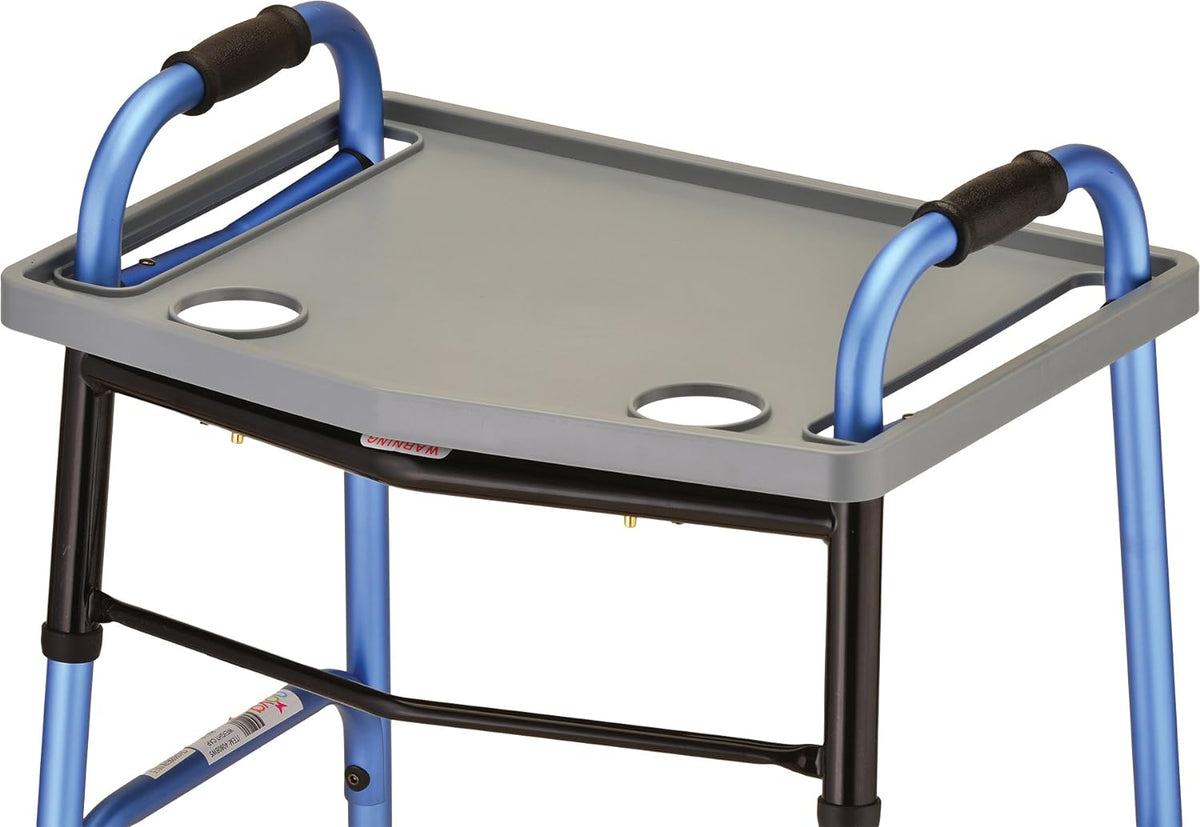 Walker tray with two cup holders attached to a blue folding walker, viewed from above at an angle