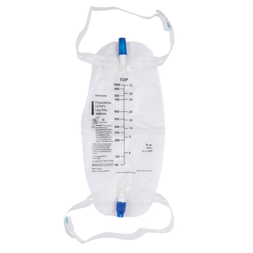 Urinary leg bag with anti-reflux valve, graduated markings, blue drain valve, and elastic leg straps on white background