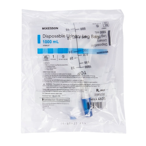 Disposable urinary leg bag in sealed clear packaging with measurement markings and blue tubing clamp, 1000 mL sterile