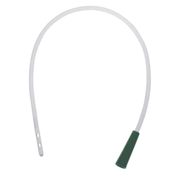 Vinyl urethral catheter with a curved clear tube, open tip with eyelets, and dark green funnel-shaped connector end