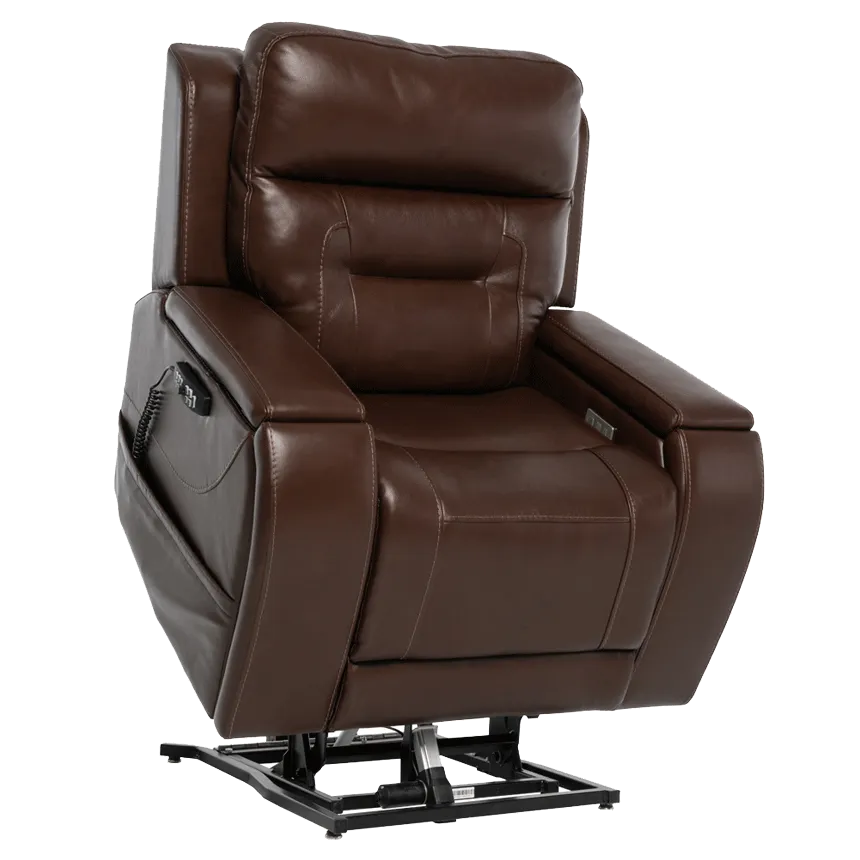 Power lift recliner chair in dark brown leather upholstery with tufted back, side control panel, and metal base frame