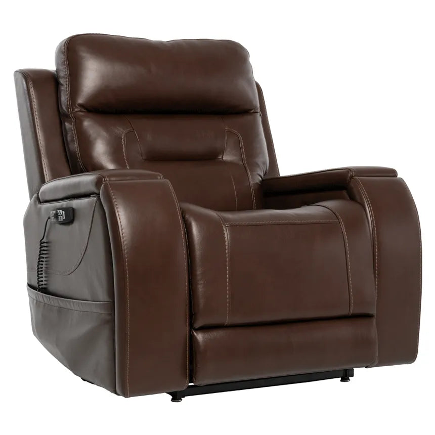 Power lift chair in brown faux leather with side control panel, padded headrest, and wide armrests, shown in upright seated