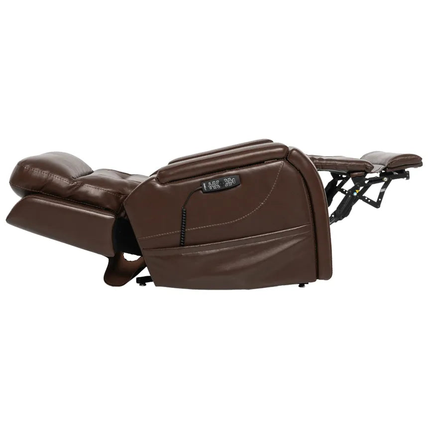 Power lift recliner in brown faux leather shown fully reclined from side view, with visible control panel and footrest