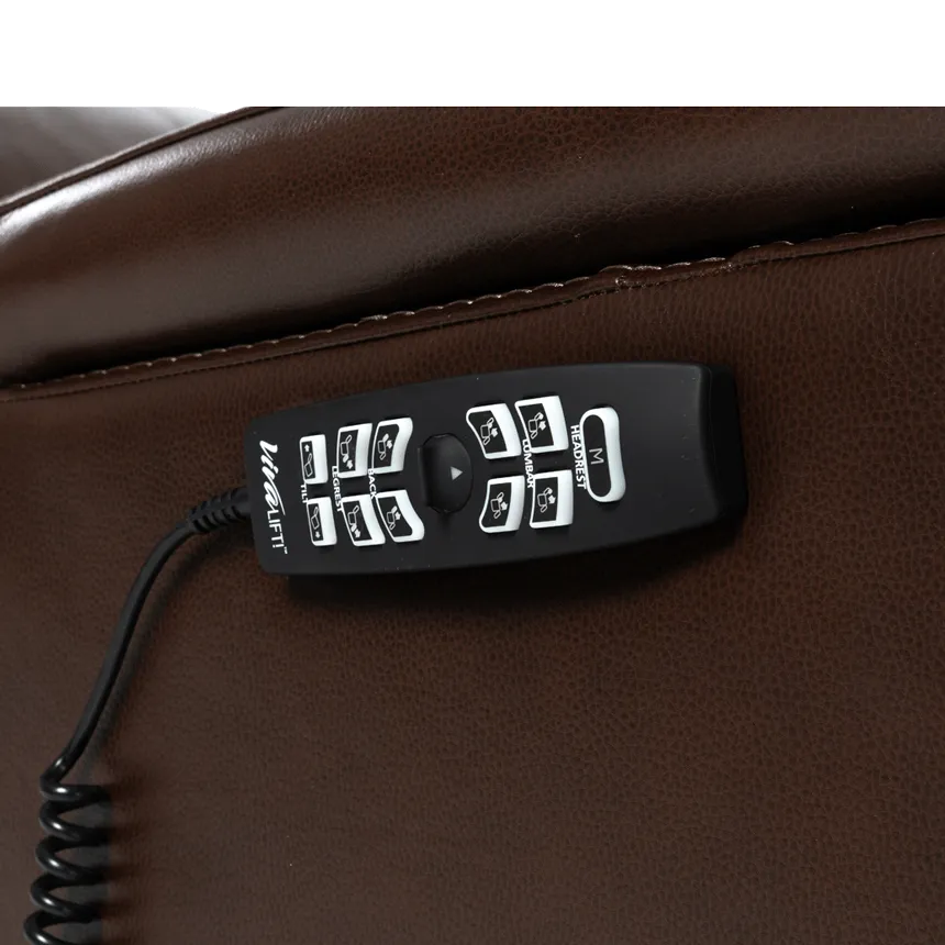 Lift chair wired remote control with headrest, lumbar, back, and tilt buttons resting against brown upholstery