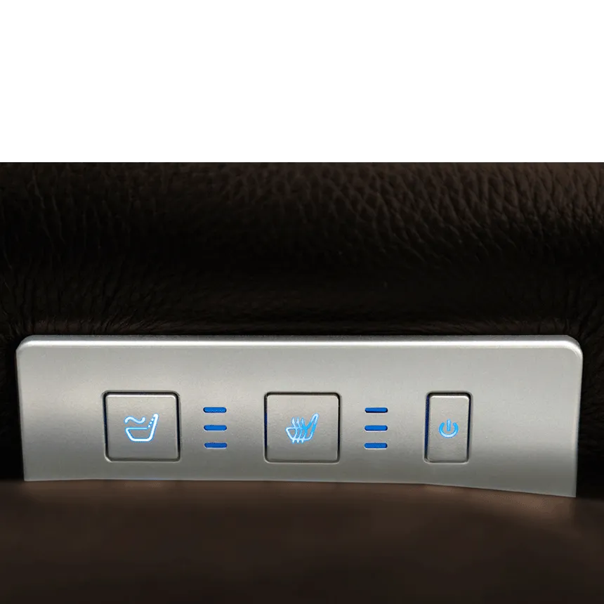 Lift chair control panel with three illuminated blue buttons for heat, massage, and power on silver panel